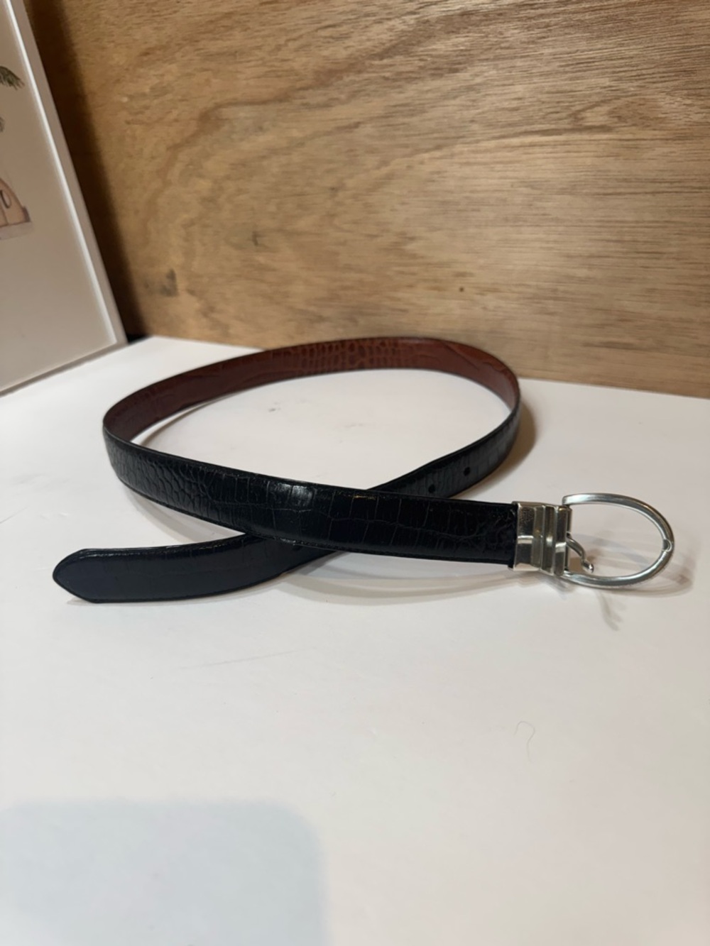 Ralph Lauren Black Croc-Embossed Belt with Silver Ring Buckle